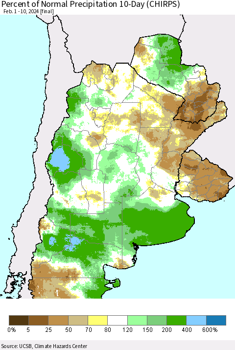 Southern South America Percent of Normal Precipitation 10-Day (CHIRPS) Thematic Map For 2/1/2024 - 2/10/2024