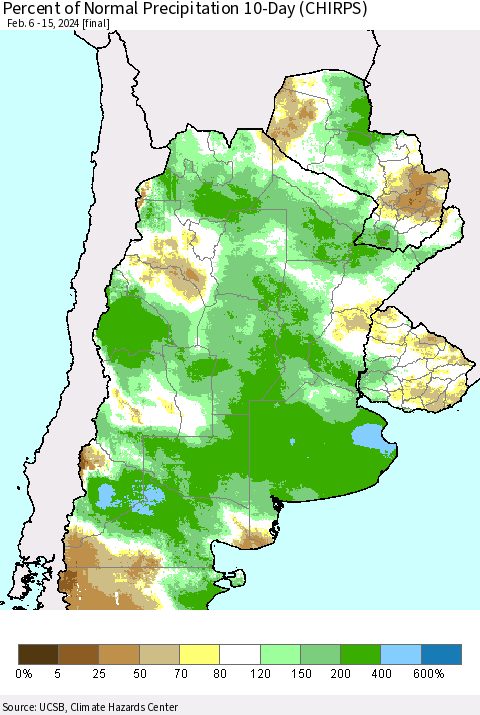 Southern South America Percent of Normal Precipitation 10-Day (CHIRPS) Thematic Map For 2/6/2024 - 2/15/2024