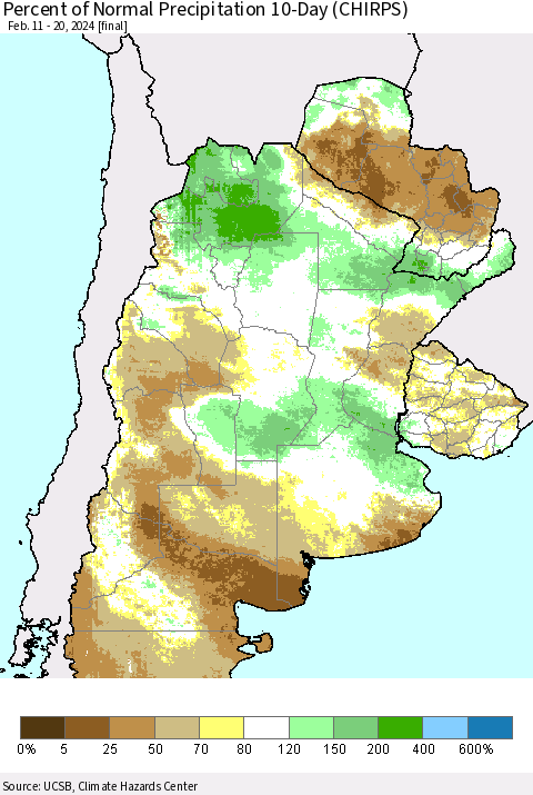 Southern South America Percent of Normal Precipitation 10-Day (CHIRPS) Thematic Map For 2/11/2024 - 2/20/2024