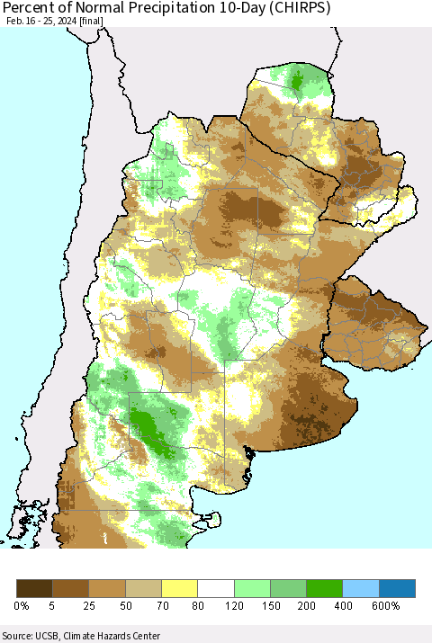 Southern South America Percent of Normal Precipitation 10-Day (CHIRPS) Thematic Map For 2/16/2024 - 2/25/2024