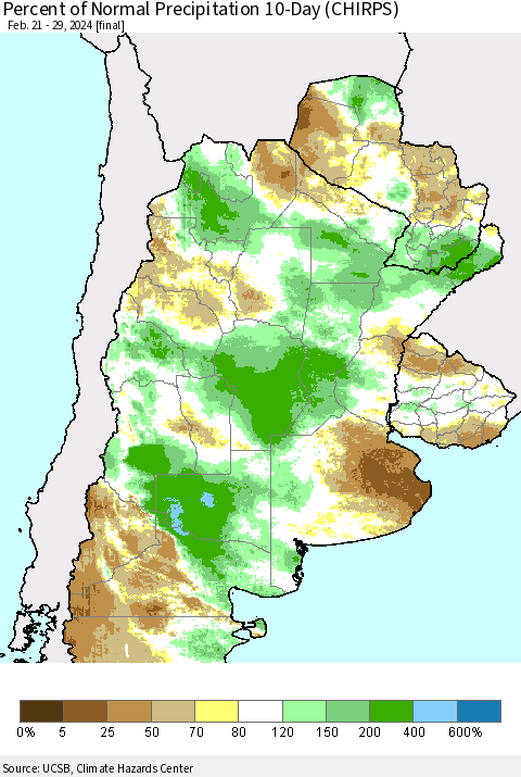 Southern South America Percent of Normal Precipitation 10-Day (CHIRPS) Thematic Map For 2/21/2024 - 2/29/2024