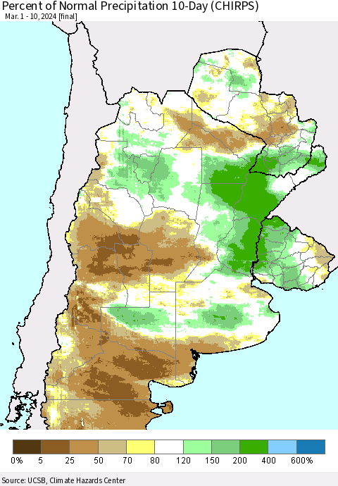 Southern South America Percent of Normal Precipitation 10-Day (CHIRPS) Thematic Map For 3/1/2024 - 3/10/2024