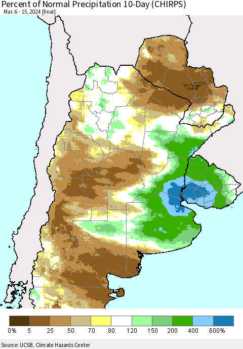 Southern South America Percent of Normal Precipitation 10-Day (CHIRPS) Thematic Map For 3/6/2024 - 3/15/2024
