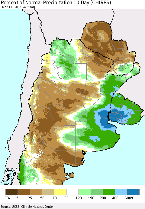 Southern South America Percent of Normal Precipitation 10-Day (CHIRPS) Thematic Map For 3/11/2024 - 3/20/2024