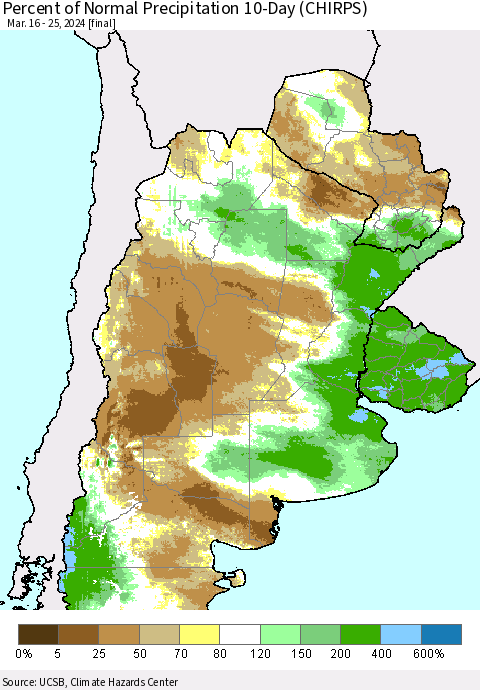 Southern South America Percent of Normal Precipitation 10-Day (CHIRPS) Thematic Map For 3/16/2024 - 3/25/2024