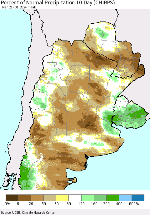Southern South America Percent of Normal Precipitation 10-Day (CHIRPS) Thematic Map For 3/21/2024 - 3/31/2024