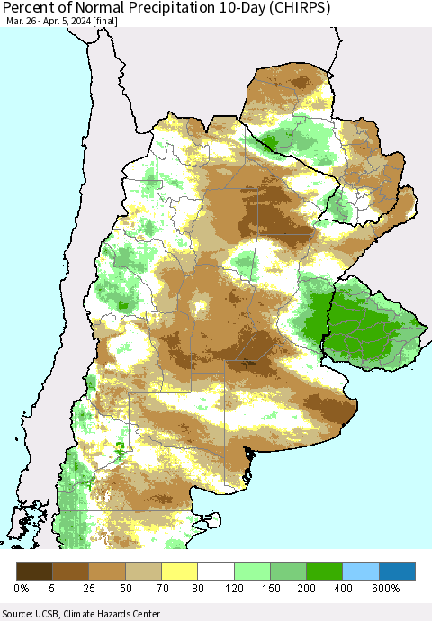 Southern South America Percent of Normal Precipitation 10-Day (CHIRPS) Thematic Map For 3/26/2024 - 4/5/2024