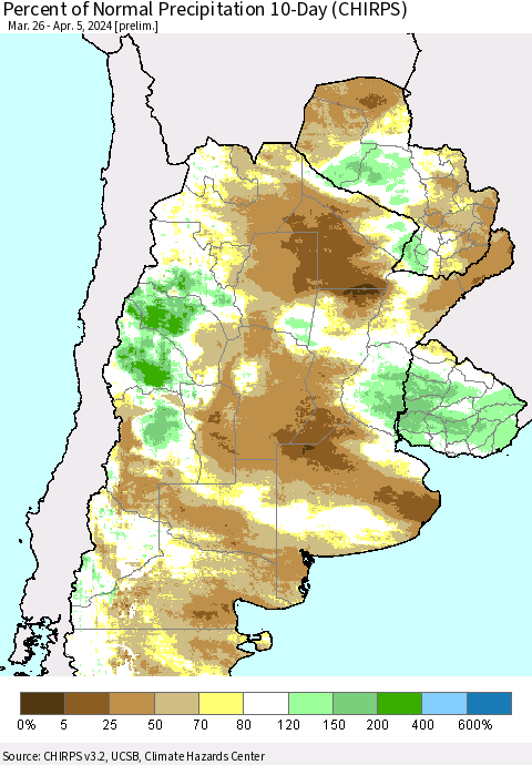 Southern South America Percent of Normal Precipitation 10-Day (CHIRPS) Thematic Map For 3/26/2024 - 4/5/2024