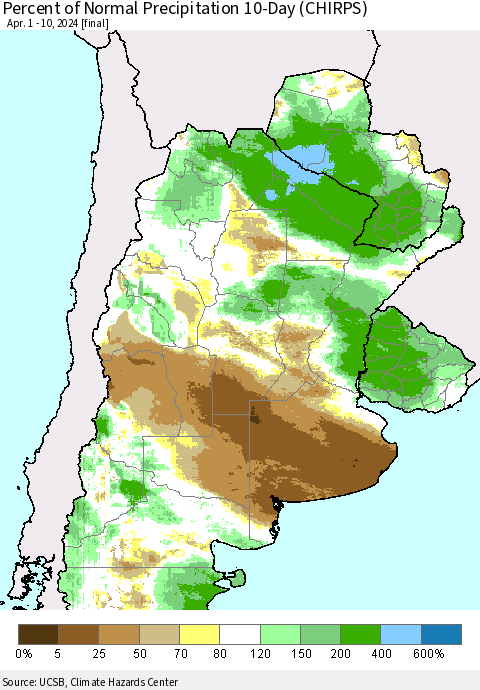 Southern South America Percent of Normal Precipitation 10-Day (CHIRPS) Thematic Map For 4/1/2024 - 4/10/2024