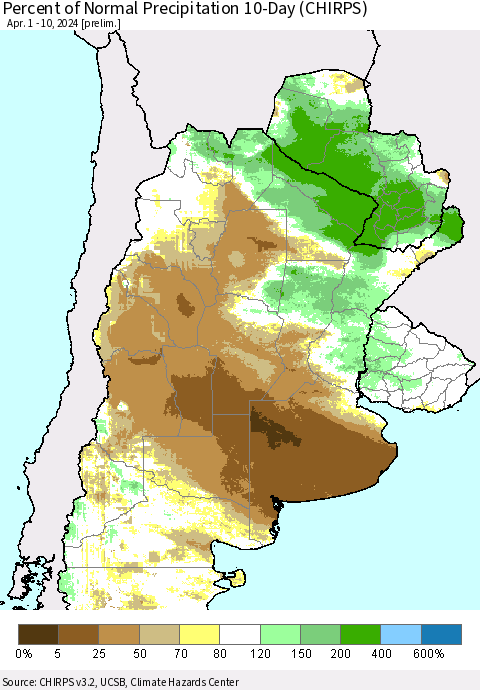 Southern South America Percent of Normal Precipitation 10-Day (CHIRPS) Thematic Map For 4/1/2024 - 4/10/2024