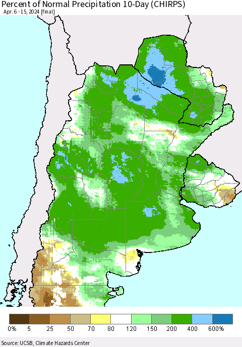 Southern South America Percent of Normal Precipitation 10-Day (CHIRPS) Thematic Map For 4/6/2024 - 4/15/2024