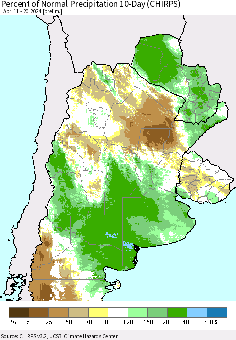 Southern South America Percent of Normal Precipitation 10-Day (CHIRPS) Thematic Map For 4/11/2024 - 4/20/2024