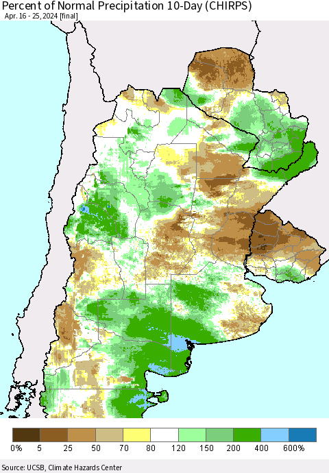 Southern South America Percent of Normal Precipitation 10-Day (CHIRPS) Thematic Map For 4/16/2024 - 4/25/2024