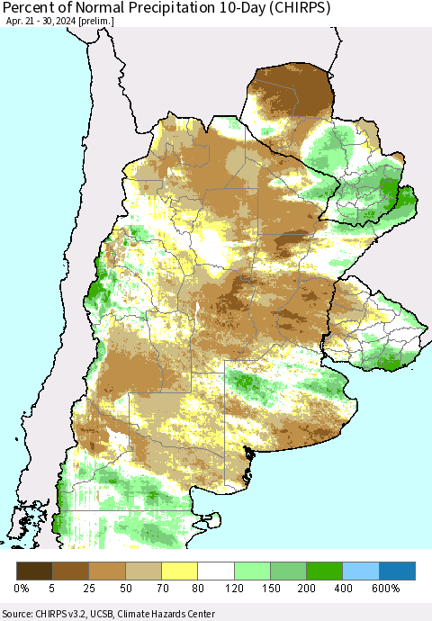 Southern South America Percent of Normal Precipitation 10-Day (CHIRPS) Thematic Map For 4/21/2024 - 4/30/2024