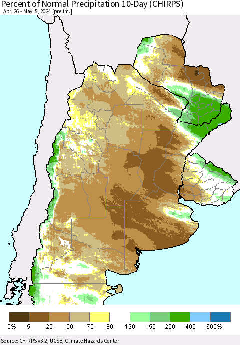 Southern South America Percent of Normal Precipitation 10-Day (CHIRPS) Thematic Map For 4/26/2024 - 5/5/2024