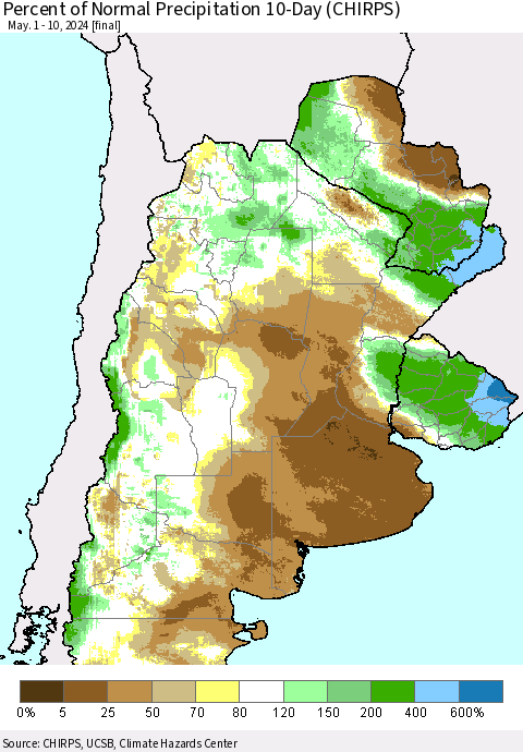 Southern South America Percent of Normal Precipitation 10-Day (CHIRPS) Thematic Map For 5/1/2024 - 5/10/2024