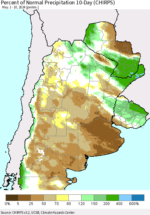 Southern South America Percent of Normal Precipitation 10-Day (CHIRPS) Thematic Map For 5/1/2024 - 5/10/2024