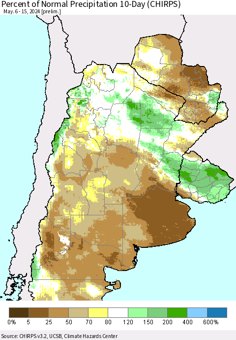 Southern South America Percent of Normal Precipitation 10-Day (CHIRPS) Thematic Map For 5/6/2024 - 5/15/2024