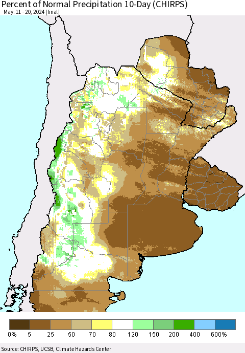 Southern South America Percent of Normal Precipitation 10-Day (CHIRPS) Thematic Map For 5/11/2024 - 5/20/2024