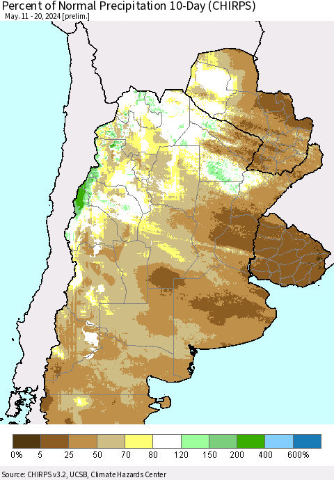 Southern South America Percent of Normal Precipitation 10-Day (CHIRPS) Thematic Map For 5/11/2024 - 5/20/2024