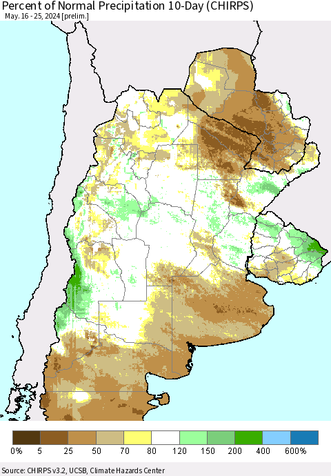 Southern South America Percent of Normal Precipitation 10-Day (CHIRPS) Thematic Map For 5/16/2024 - 5/25/2024