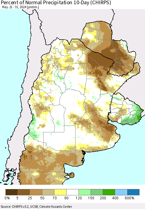 Southern South America Percent of Normal Precipitation 10-Day (CHIRPS) Thematic Map For 5/21/2024 - 5/31/2024