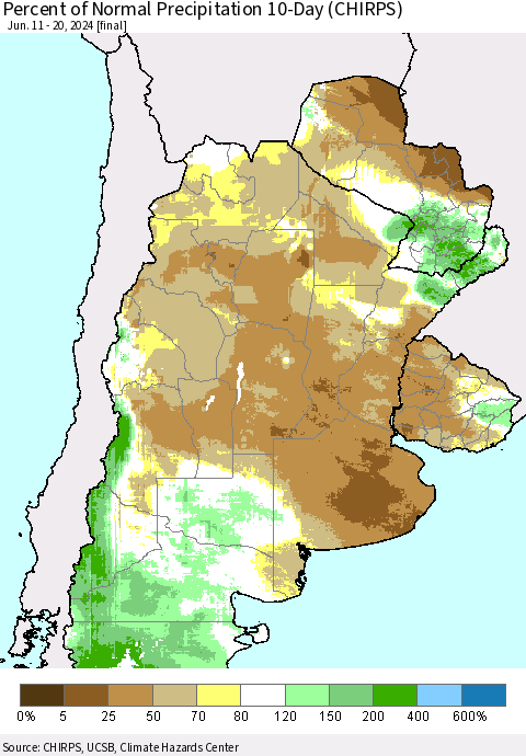 Southern South America Percent of Normal Precipitation 10-Day (CHIRPS) Thematic Map For 6/11/2024 - 6/20/2024