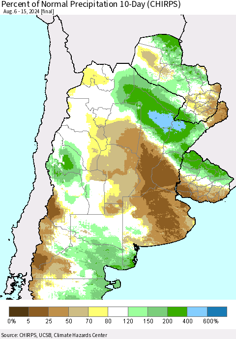 Southern South America Percent of Normal Precipitation 10-Day (CHIRPS) Thematic Map For 8/6/2024 - 8/15/2024