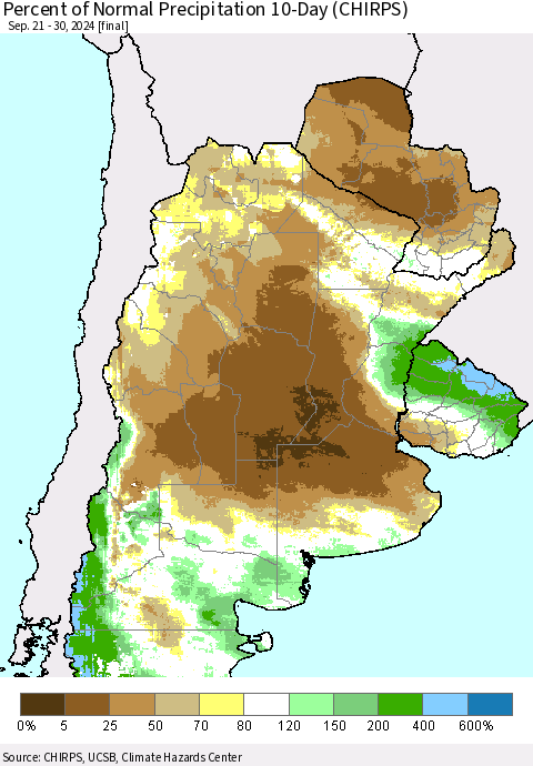Southern South America Percent of Normal Precipitation 10-Day (CHIRPS) Thematic Map For 9/21/2024 - 9/30/2024