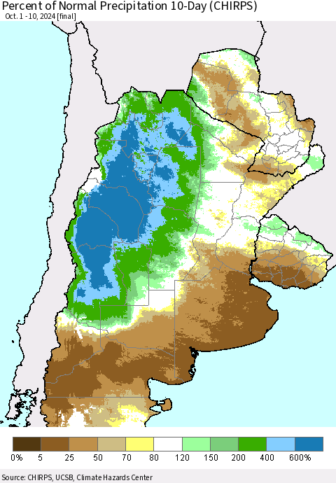 Southern South America Percent of Normal Precipitation 10-Day (CHIRPS) Thematic Map For 10/1/2024 - 10/10/2024