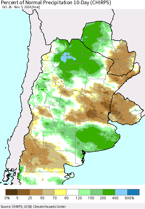 Southern South America Percent of Normal Precipitation 10-Day (CHIRPS) Thematic Map For 10/26/2024 - 11/5/2024