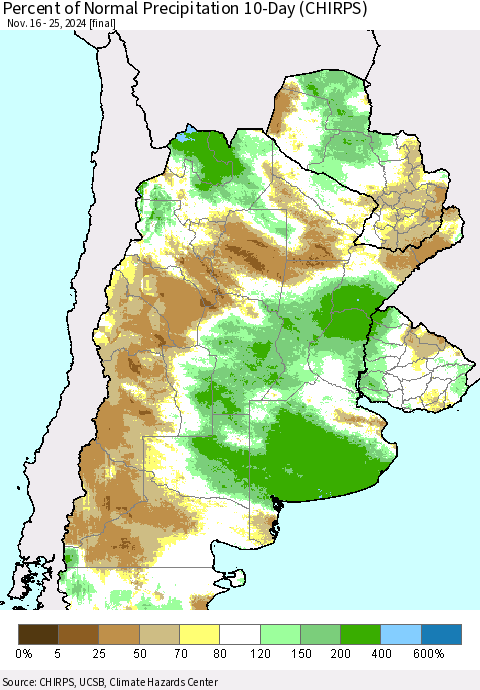Southern South America Percent of Normal Precipitation 10-Day (CHIRPS) Thematic Map For 11/16/2024 - 11/25/2024