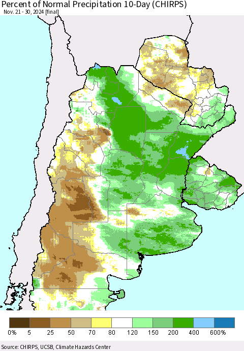 Southern South America Percent of Normal Precipitation 10-Day (CHIRPS) Thematic Map For 11/21/2024 - 11/30/2024