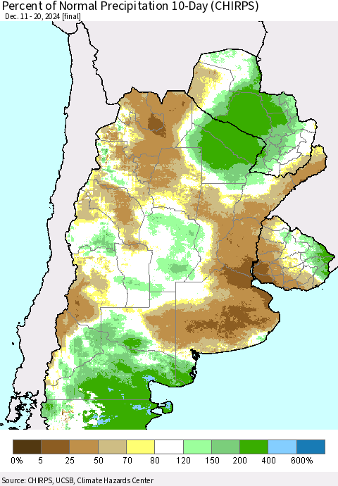 Southern South America Percent of Normal Precipitation 10-Day (CHIRPS) Thematic Map For 12/11/2024 - 12/20/2024