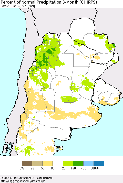 Southern South America Percent of Normal Precipitation 3-Month (CHIRPS) Thematic Map For 10/21/2019 - 1/20/2020