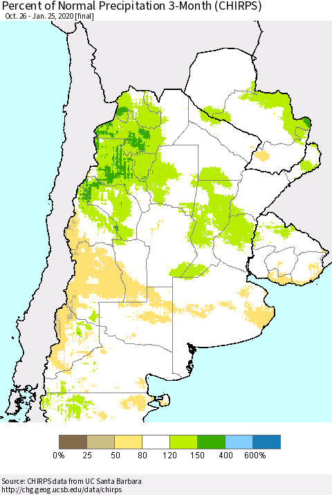 Southern South America Percent of Normal Precipitation 3-Month (CHIRPS) Thematic Map For 10/26/2019 - 1/25/2020