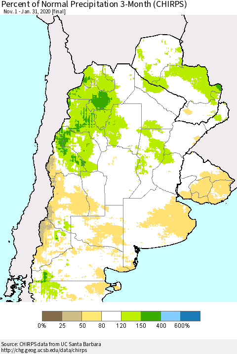 Southern South America Percent of Normal Precipitation 3-Month (CHIRPS) Thematic Map For 11/1/2019 - 1/31/2020