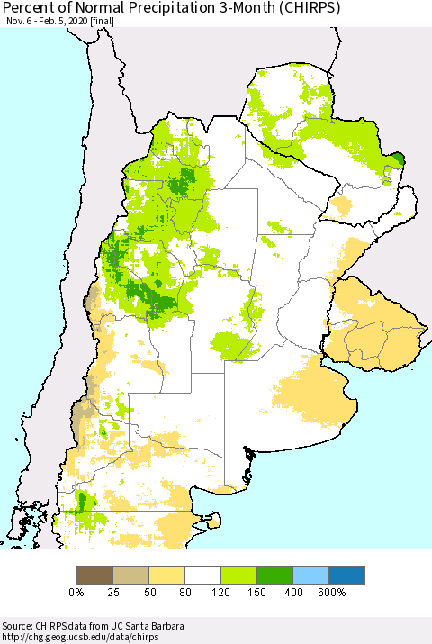 Southern South America Percent of Normal Precipitation 3-Month (CHIRPS) Thematic Map For 11/6/2019 - 2/5/2020