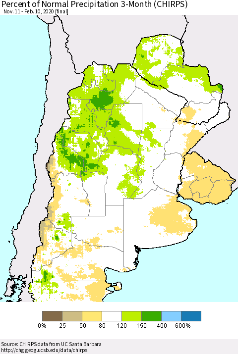 Southern South America Percent of Normal Precipitation 3-Month (CHIRPS) Thematic Map For 11/11/2019 - 2/10/2020