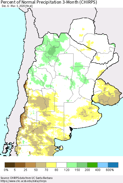 Southern South America Percent of Normal Precipitation 3-Month (CHIRPS) Thematic Map For 12/6/2019 - 3/5/2020