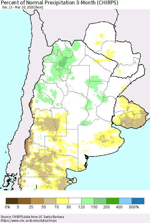 Southern South America Percent of Normal Precipitation 3-Month (CHIRPS) Thematic Map For 12/11/2019 - 3/10/2020