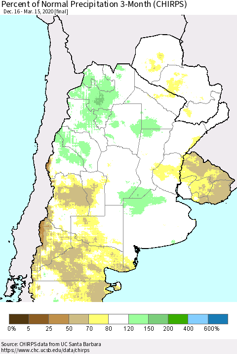 Southern South America Percent of Normal Precipitation 3-Month (CHIRPS) Thematic Map For 12/16/2019 - 3/15/2020