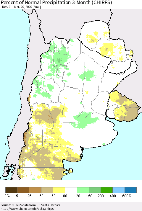 Southern South America Percent of Normal Precipitation 3-Month (CHIRPS) Thematic Map For 12/21/2019 - 3/20/2020