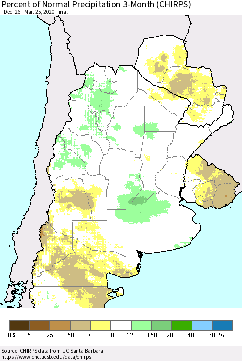 Southern South America Percent of Normal Precipitation 3-Month (CHIRPS) Thematic Map For 12/26/2019 - 3/25/2020