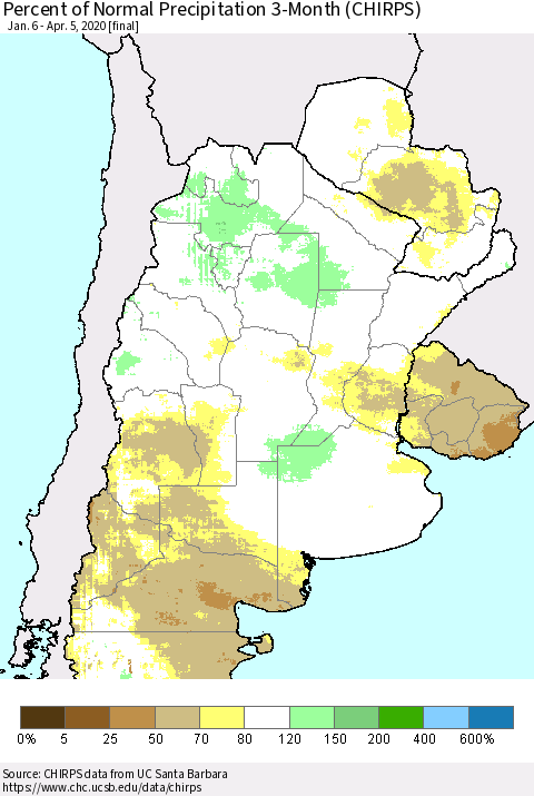 Southern South America Percent of Normal Precipitation 3-Month (CHIRPS) Thematic Map For 1/6/2020 - 4/5/2020
