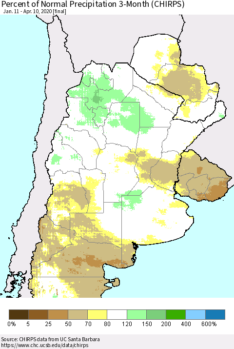 Southern South America Percent of Normal Precipitation 3-Month (CHIRPS) Thematic Map For 1/11/2020 - 4/10/2020