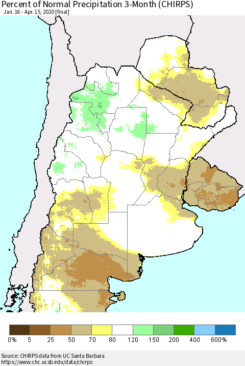 Southern South America Percent of Normal Precipitation 3-Month (CHIRPS) Thematic Map For 1/16/2020 - 4/15/2020