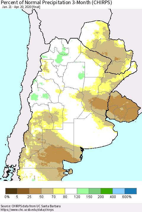 Southern South America Percent of Normal Precipitation 3-Month (CHIRPS) Thematic Map For 1/21/2020 - 4/20/2020