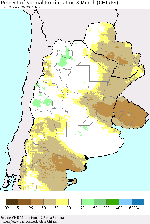 Southern South America Percent of Normal Precipitation 3-Month (CHIRPS) Thematic Map For 1/26/2020 - 4/25/2020