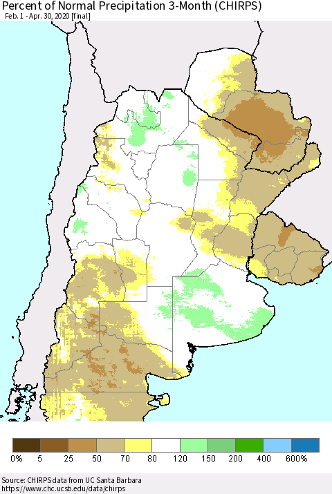 Southern South America Percent of Normal Precipitation 3-Month (CHIRPS) Thematic Map For 2/1/2020 - 4/30/2020